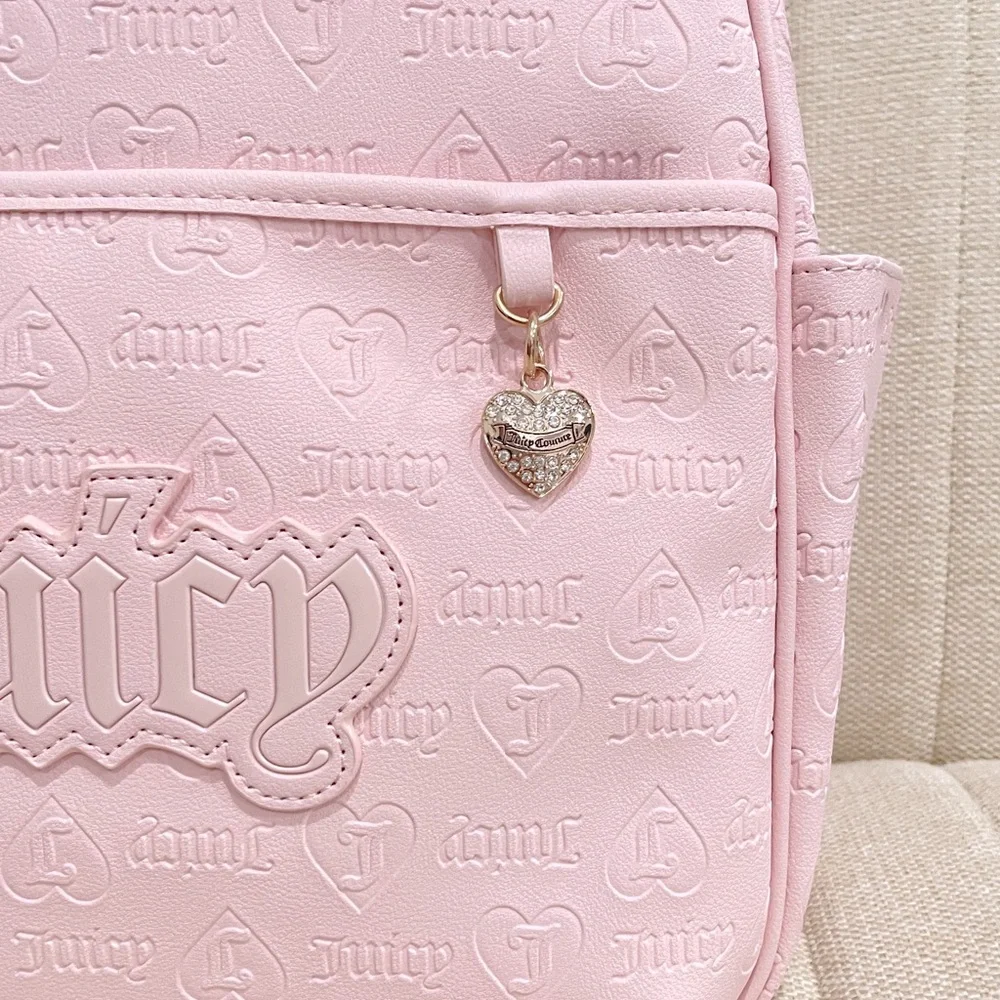 NEW Juicy‎ Couture Pink Embossed Heart Backpack Rhinestone Charm Y2K Logo